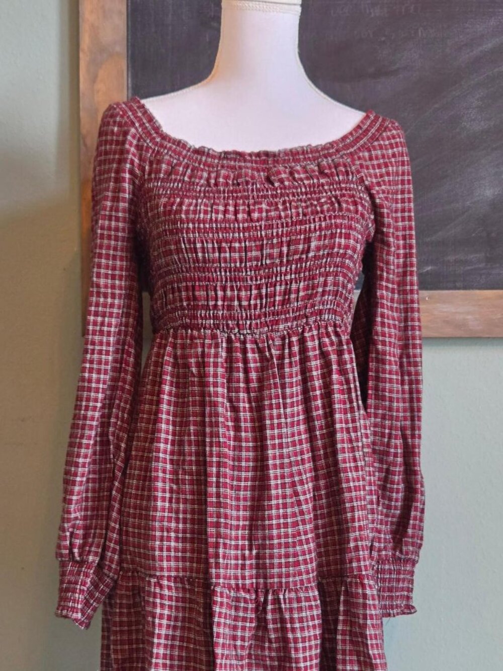 Lucky Brand Women's Red and Burgundy Plaid Dress Large